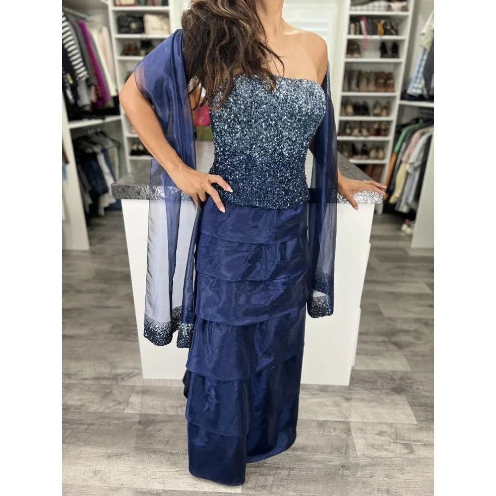 Jovani Navy Blue Sequined Strapless Tiered Formal Gown $395 - Picture 9 of 11